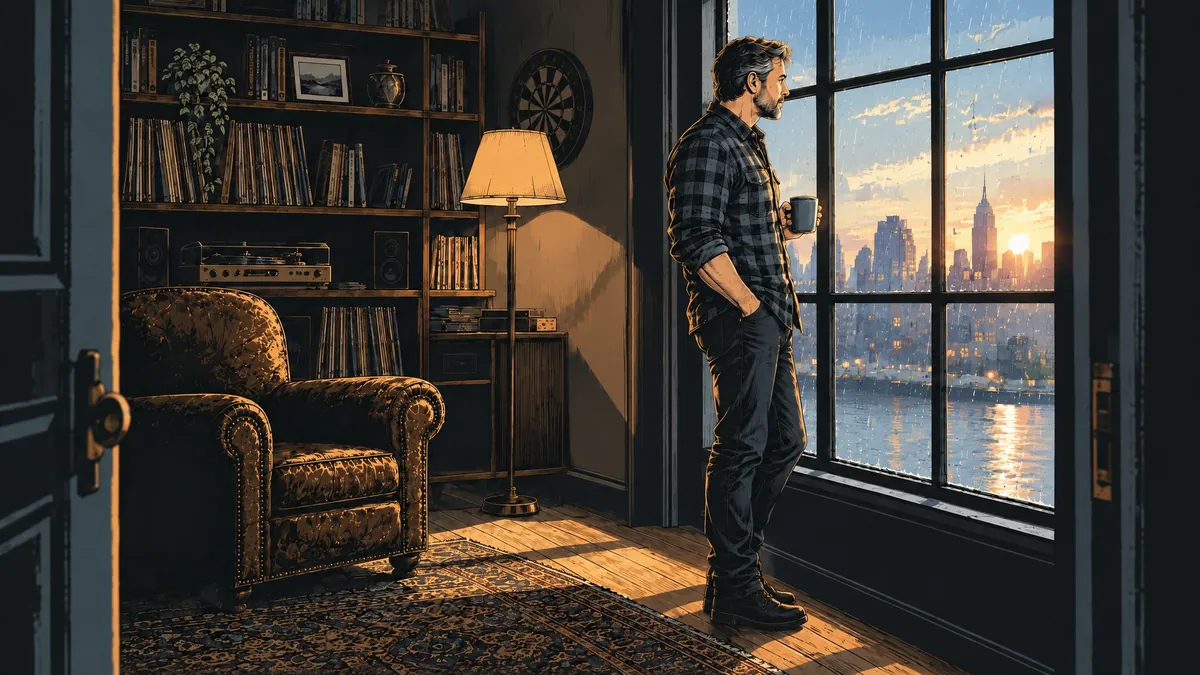 The same room at sunrise, the host at the window with a coffee